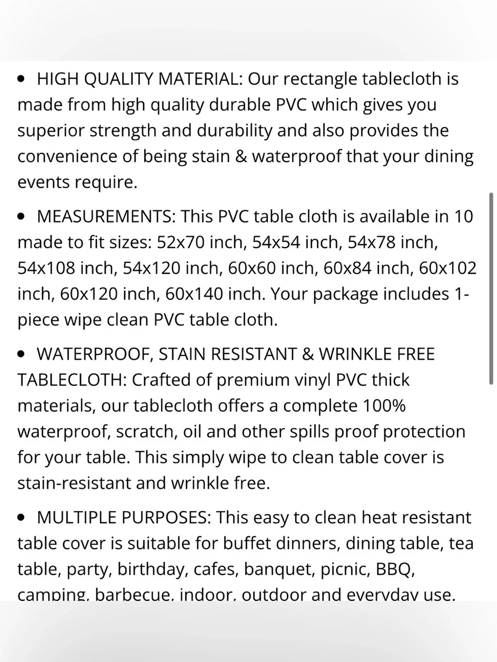 BLACK VINYL Tablecloth Waterproof Oil Proof Wipe Clean Rectangular 60x120”